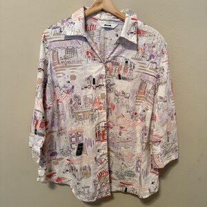 Alia Women's Button-Down Shirt Café Print Size 20 100% Cotton 3/4 Sleeve No Tags